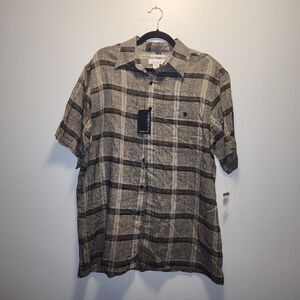 NWT Grey Plaid Linen Blend Button Down Shirt | Medium